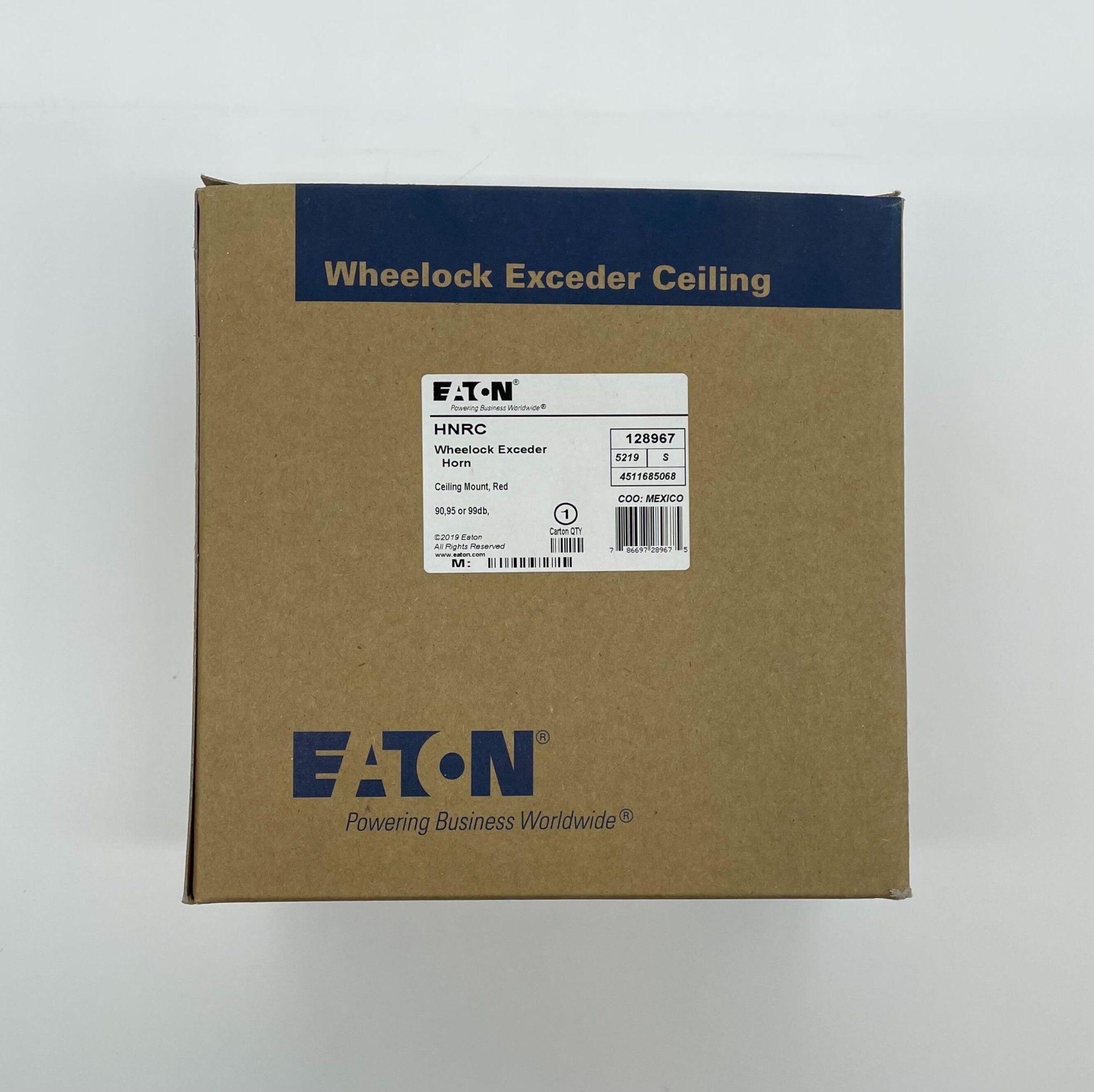 Eaton Wheelock HNRC Exceder Horn Ceiling mount, black horn with mounting bracket, used for alarm and notification systems.