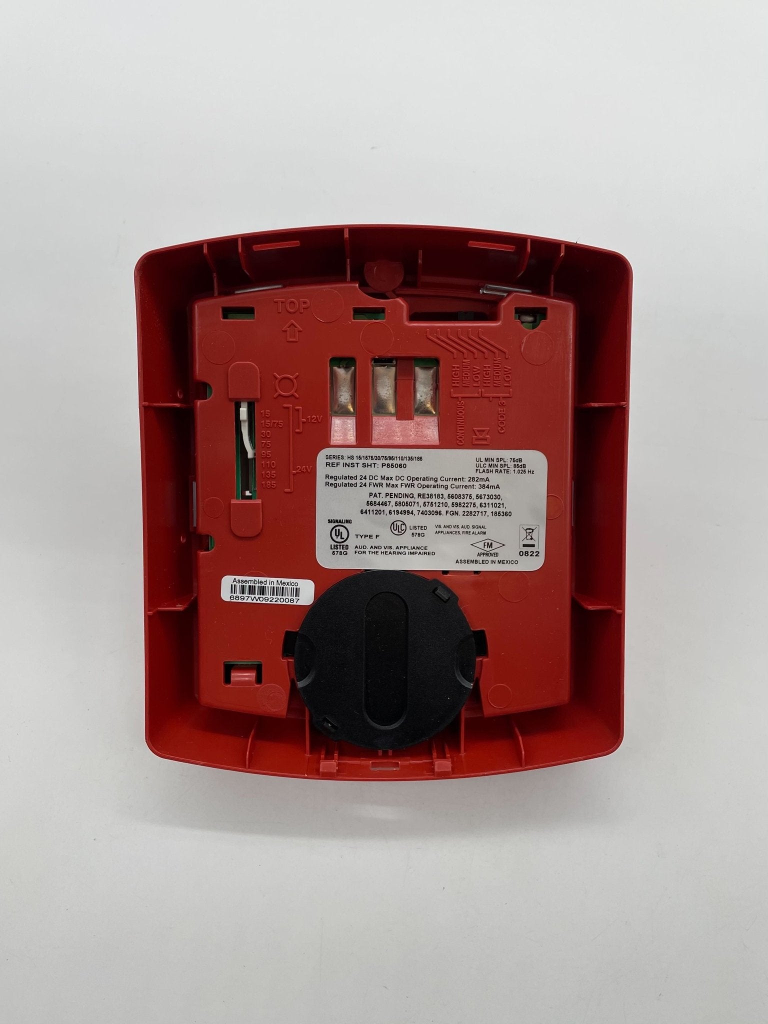 Eaton Wheelock HSR-A horn strobe alarm with red housing and visible wiring, designed for fire and emergency notification systems.