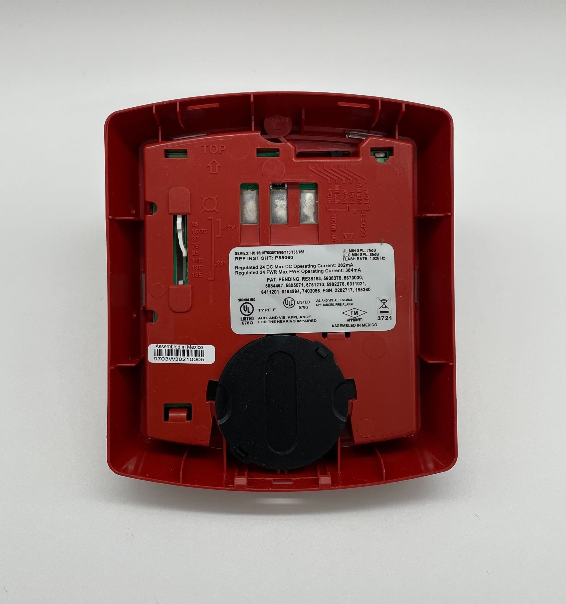 Eaton Wheelock HSR-N horn strobe with red housing and mounting bracket, designed for fire alarm signaling.