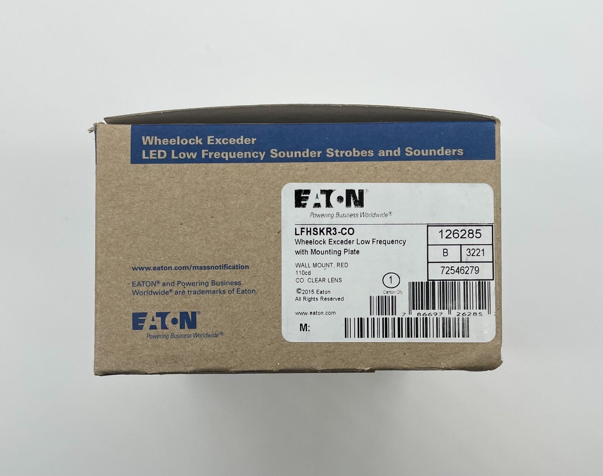 Eaton Wheelock LFHSKR3-CO horn with metal mounting bracket and black plastic housing, designed for industrial alert systems.