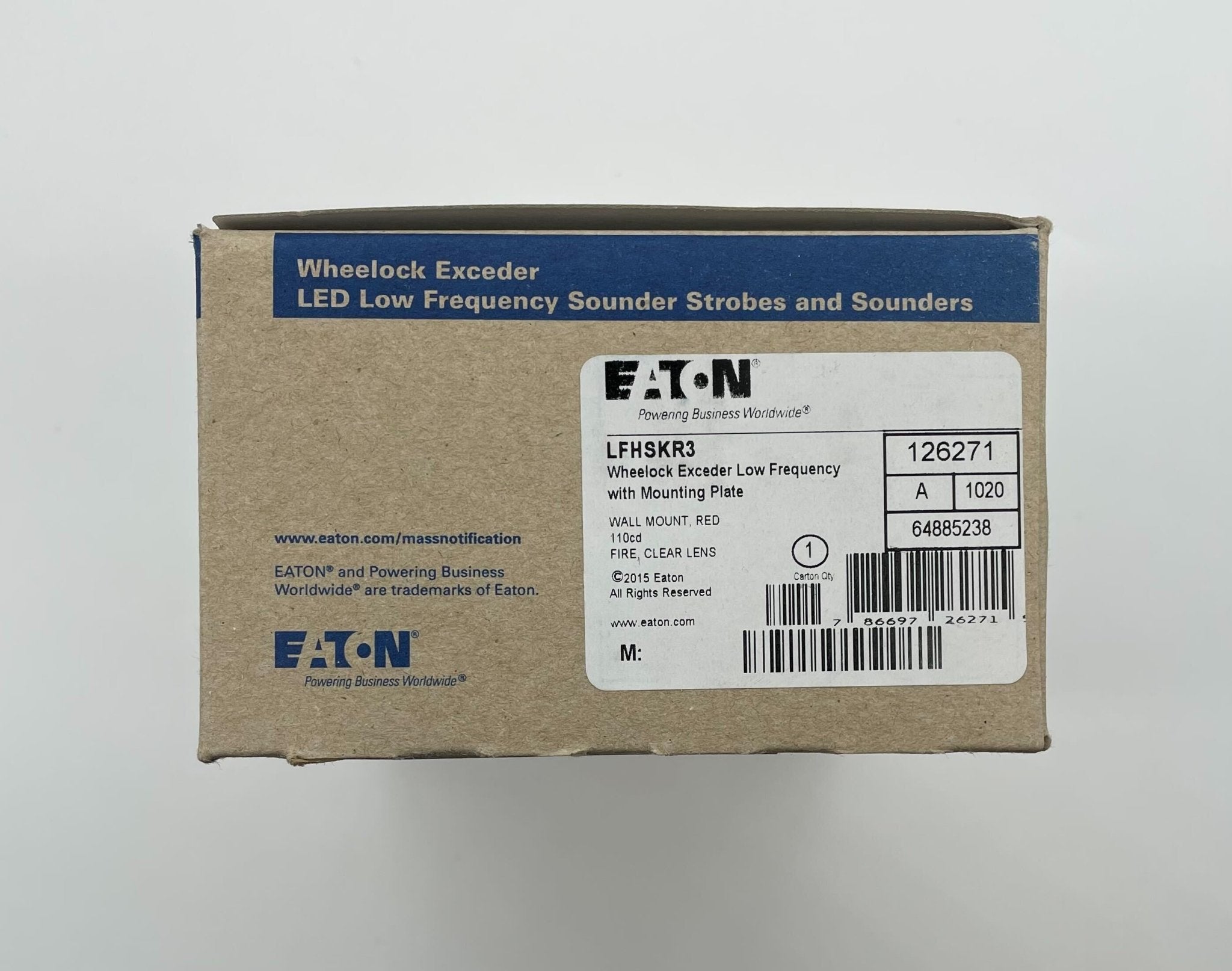 Eaton Wheelock LFHSKR3 horn strobe with black housing and clear lens, mounted for emergency alert visibility.
