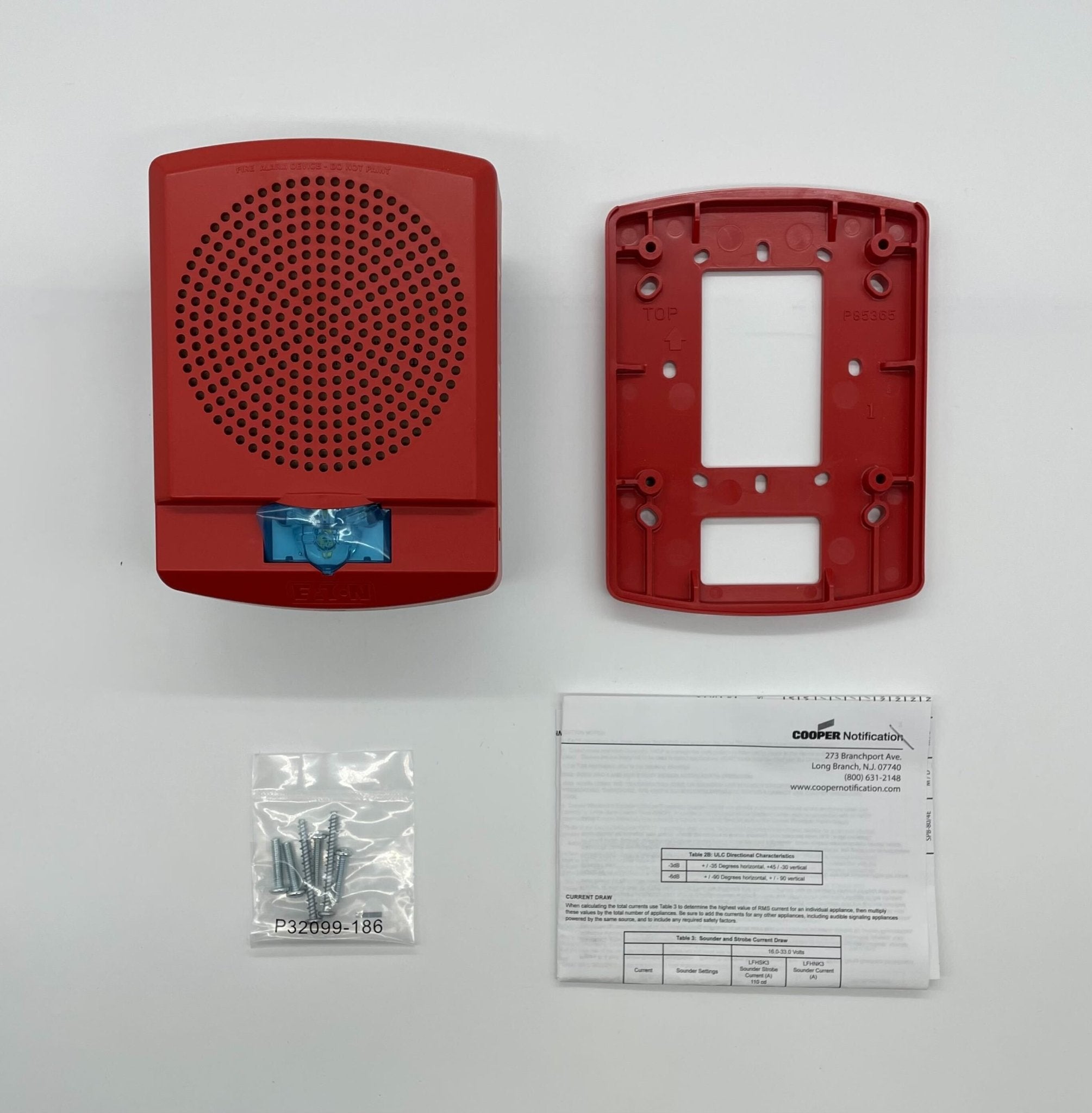 Eaton Wheelock LFHSKR3 horn strobe alert device with red housing and mounting base, used for fire alarm signaling.