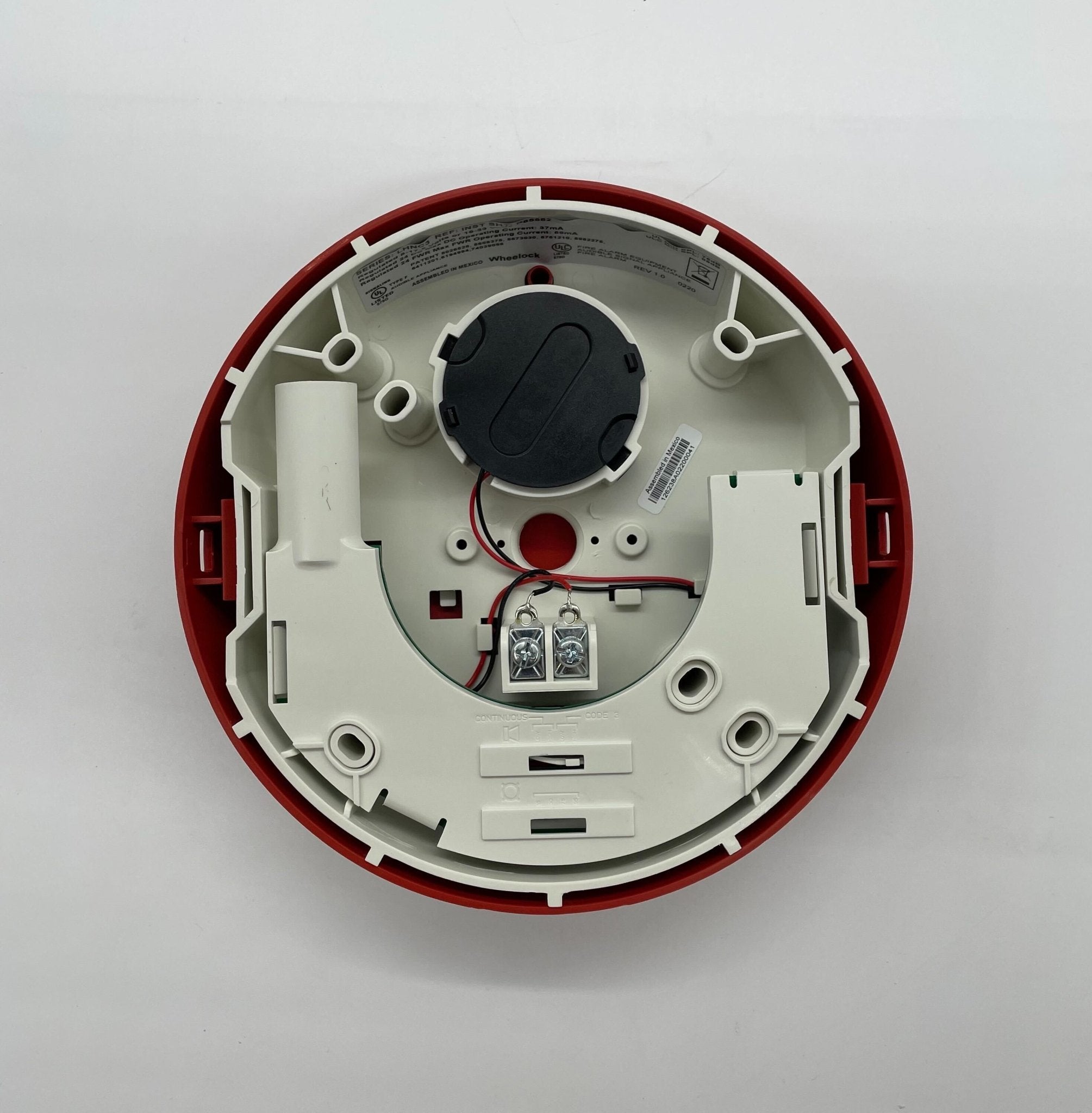 Eaton Wheelock LHNRC3 fire alarm with red alarm horn and mounting bracket, designed for fire detection and safety.