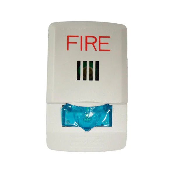 Eaton Wheelock LHSW horn strobe alarm device with yellow housing and mounting hardware on a white background.
