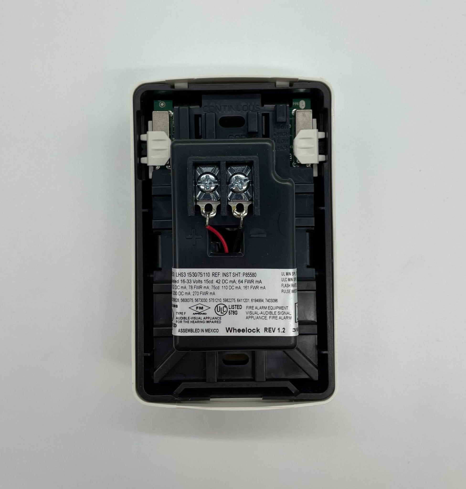 Eaton Wheelock LHSW3 horn strobe alarm with red horn and clear lens for emergency alert signaling.