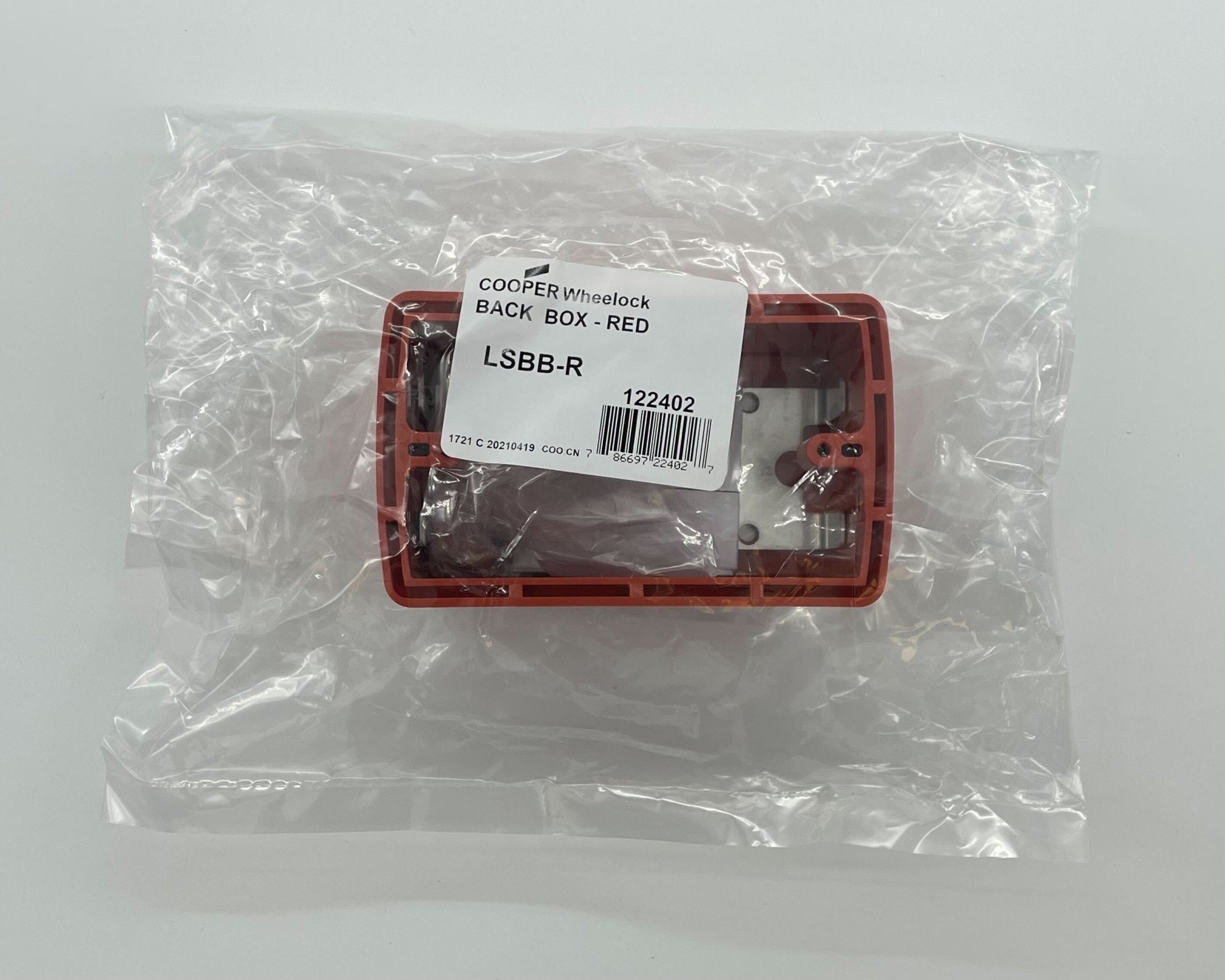 Eaton Wheelock LSBB-R backbox for electrical systems, shown in a clean white metal enclosure with mounting brackets.