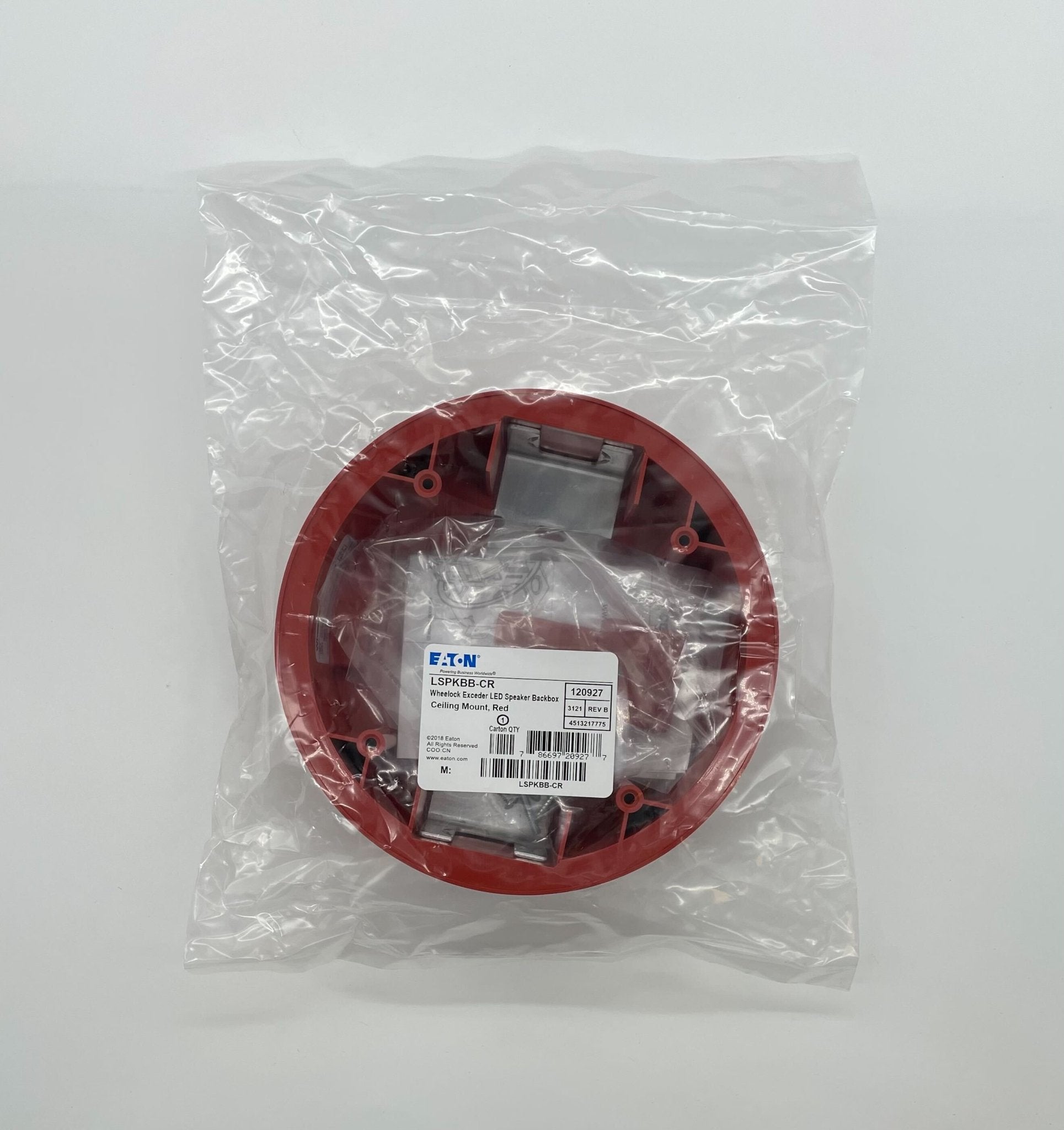Eaton Wheelock LSPKBB-CR backbox for electrical installations, shown in a close-up with mounting details and brand logo.