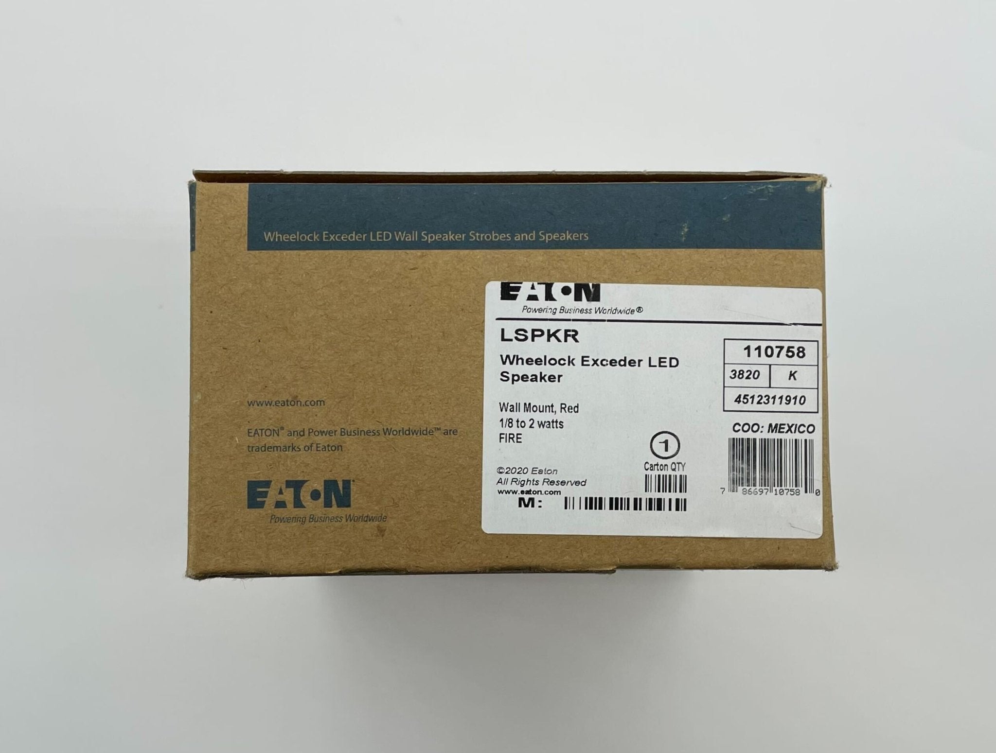 Eaton Wheelock LSPKR speaker with black grille and mounting bracket, designed for commercial audio applications