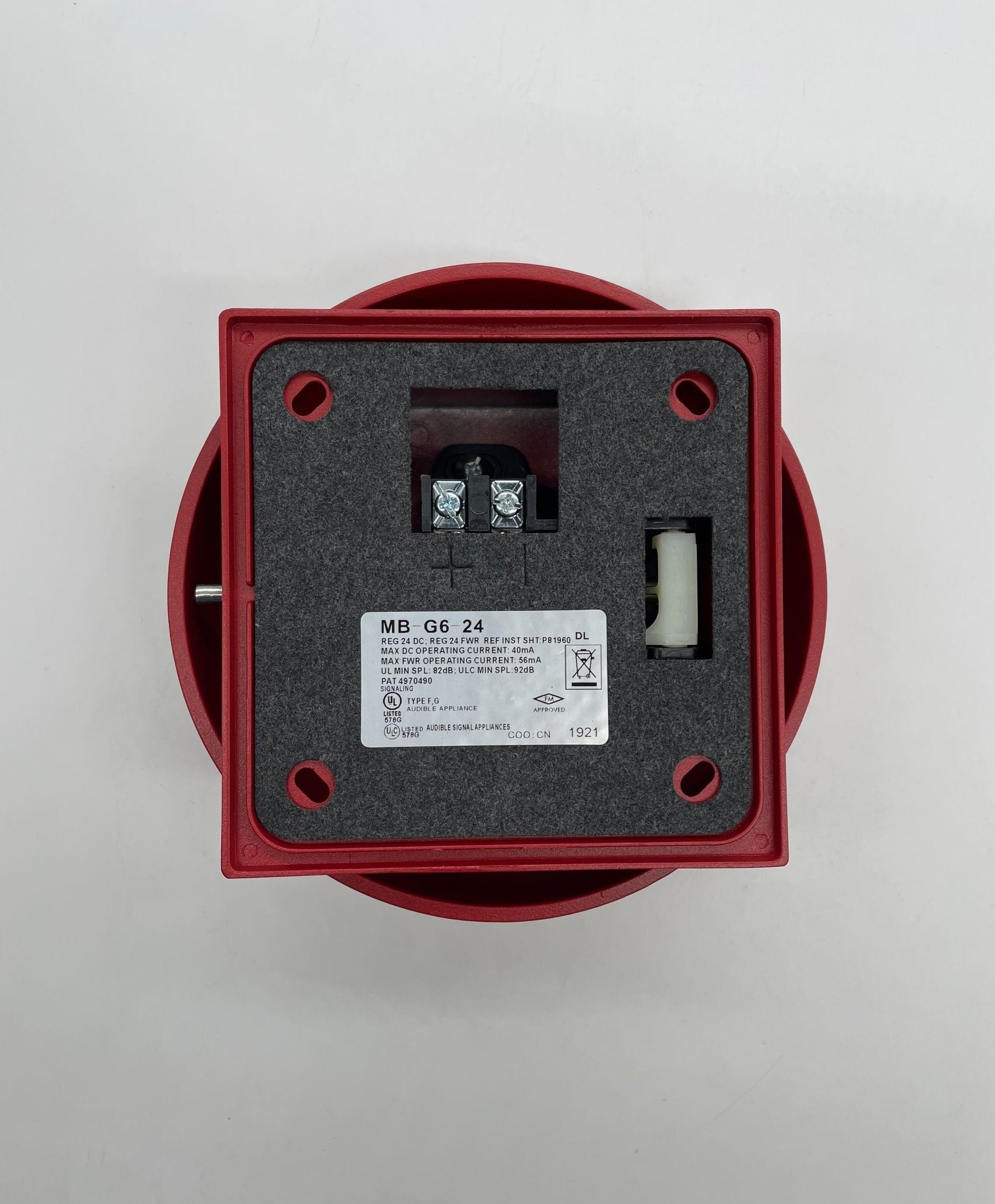 Eaton Wheelock MB-G6-24-R bell with metal casing and mounting bracket, designed for emergency notification systems.