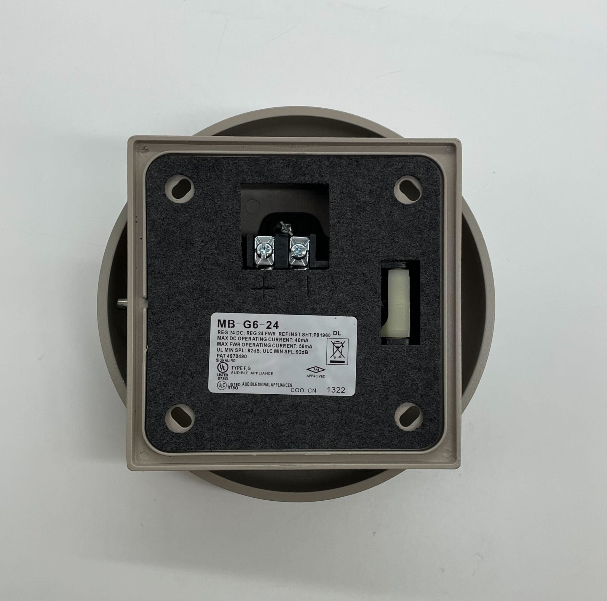 Eaton Wheelock MB-G6-24-S bell with metal housing and mounting bracket, designed for industrial signaling systems