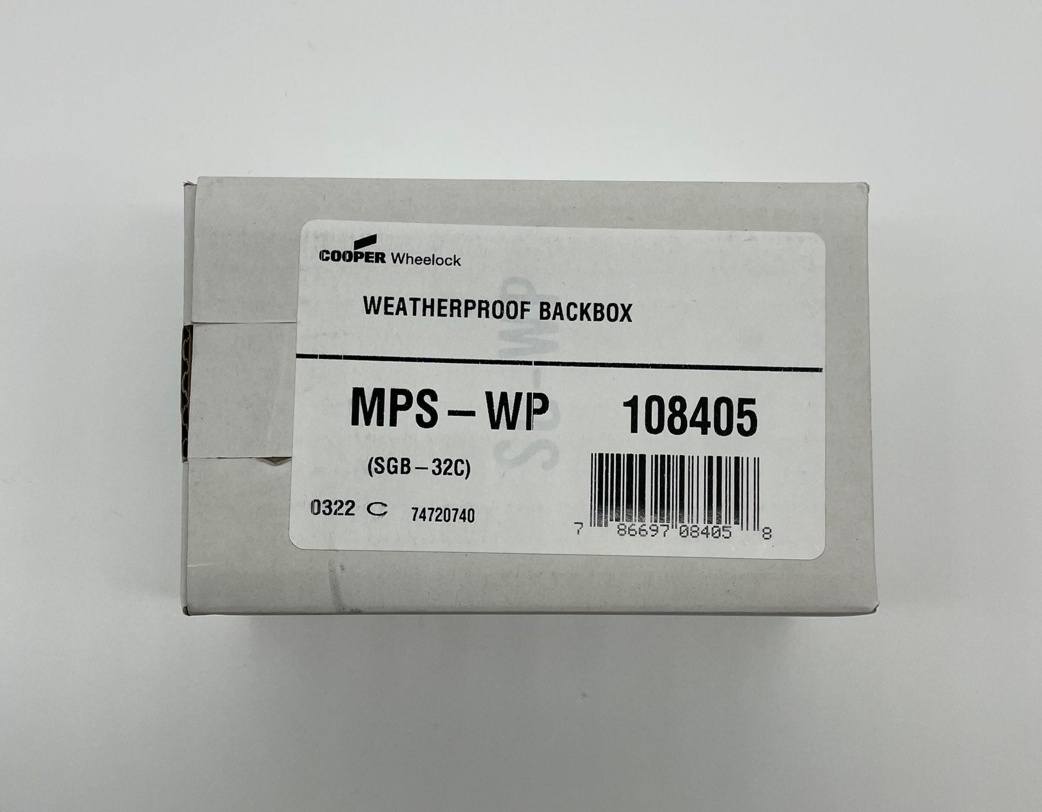 Eaton Wheelock MPS-WP backbox for wiring, shown in the image with a metallic finish and mounting features.
