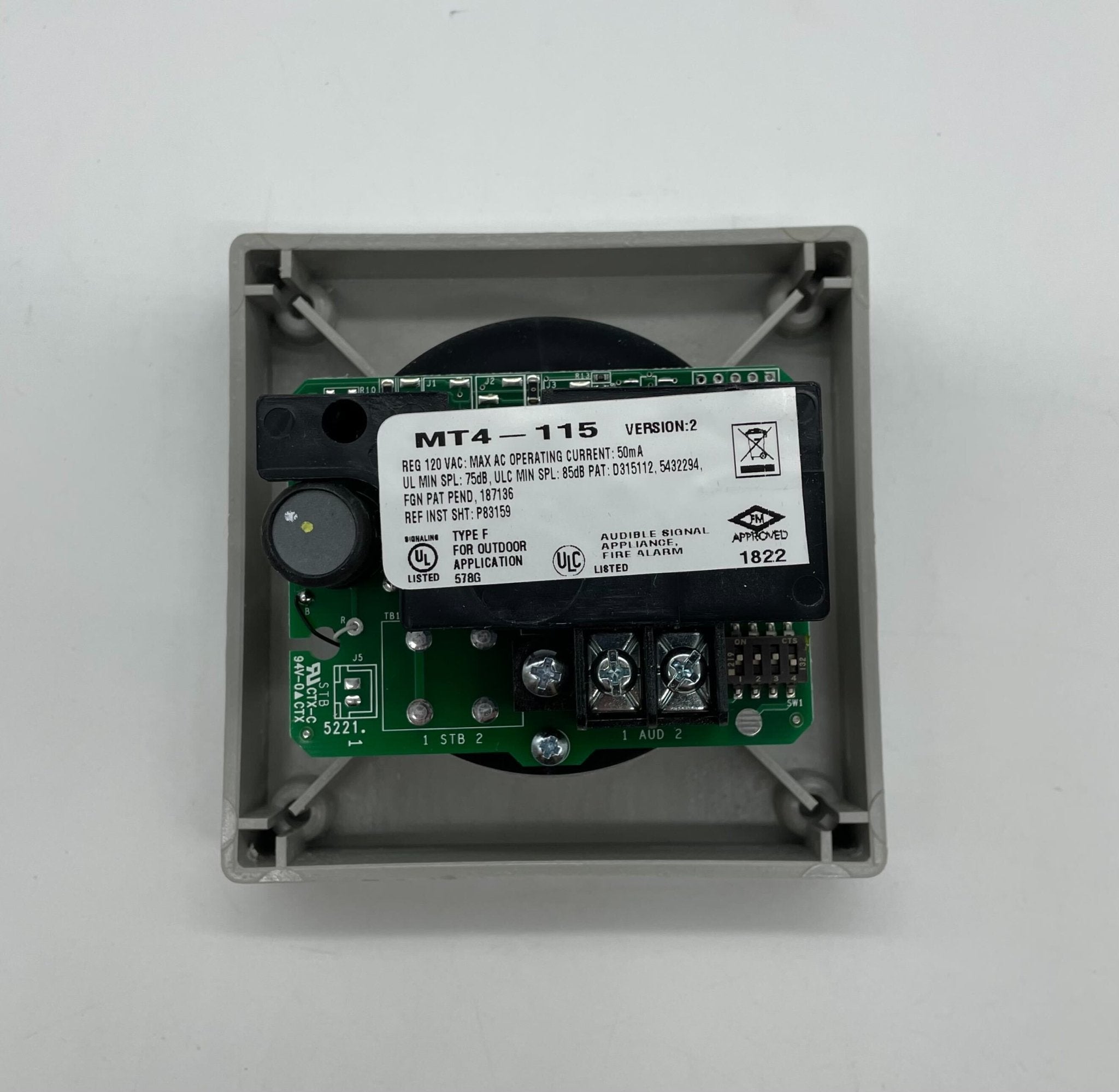 Eaton Wheelock MT4-115-S fire alarm with metal enclosure and alarm horn for building safety and emergency alert systems