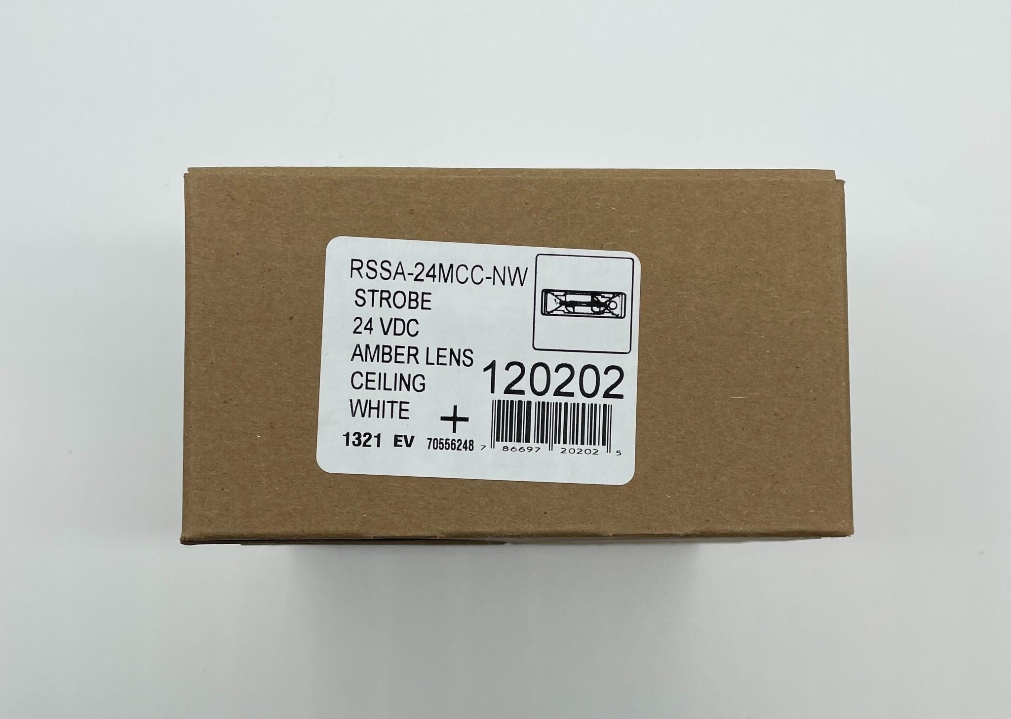 Eaton Wheelock RSSA-24MCC-NW strobe light with white housing, mounted on a ceiling for emergency signaling.