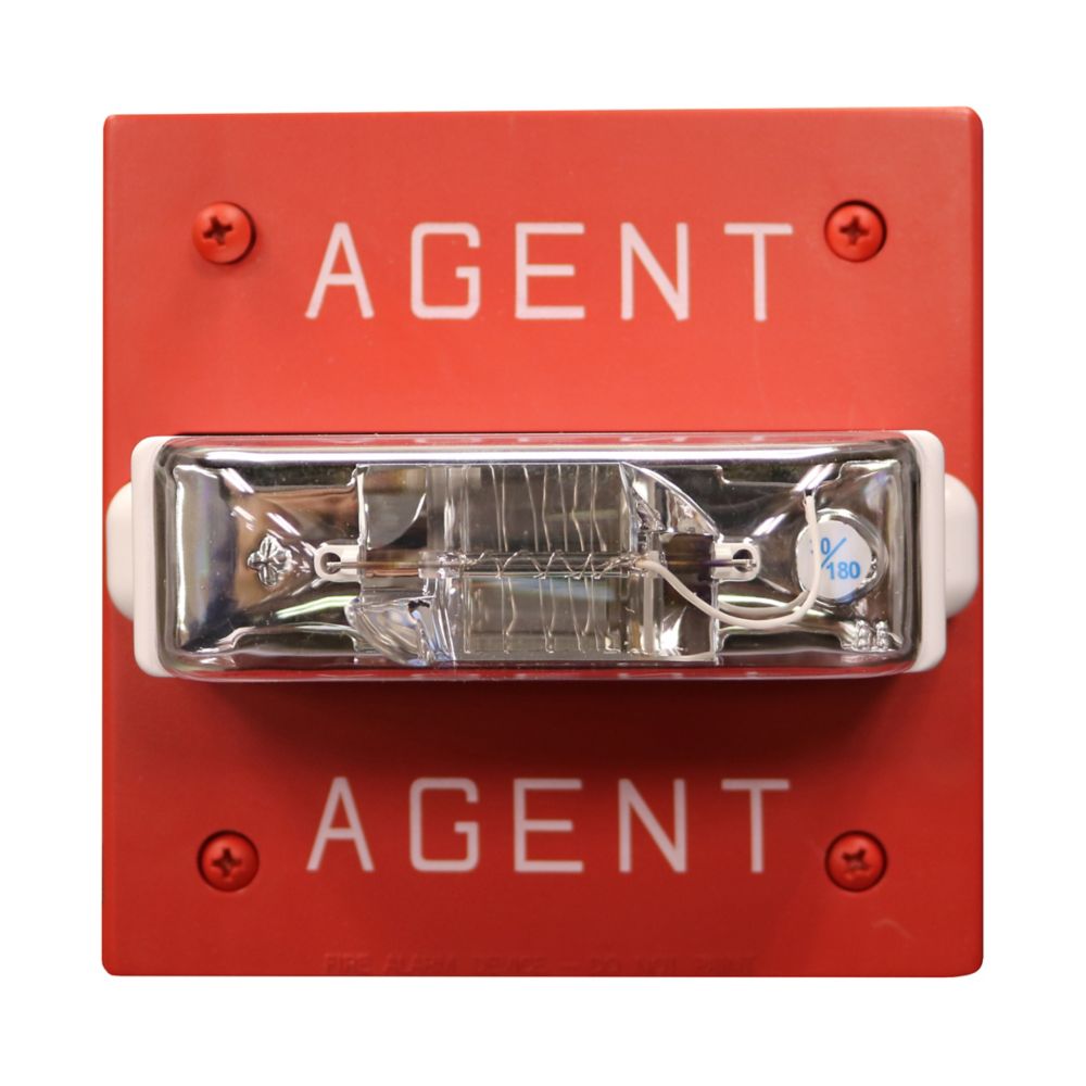Eaton Wheelock RSSWP-2475C-ALR fire alarm with red housing and mounting plate, shown mounted on wall.