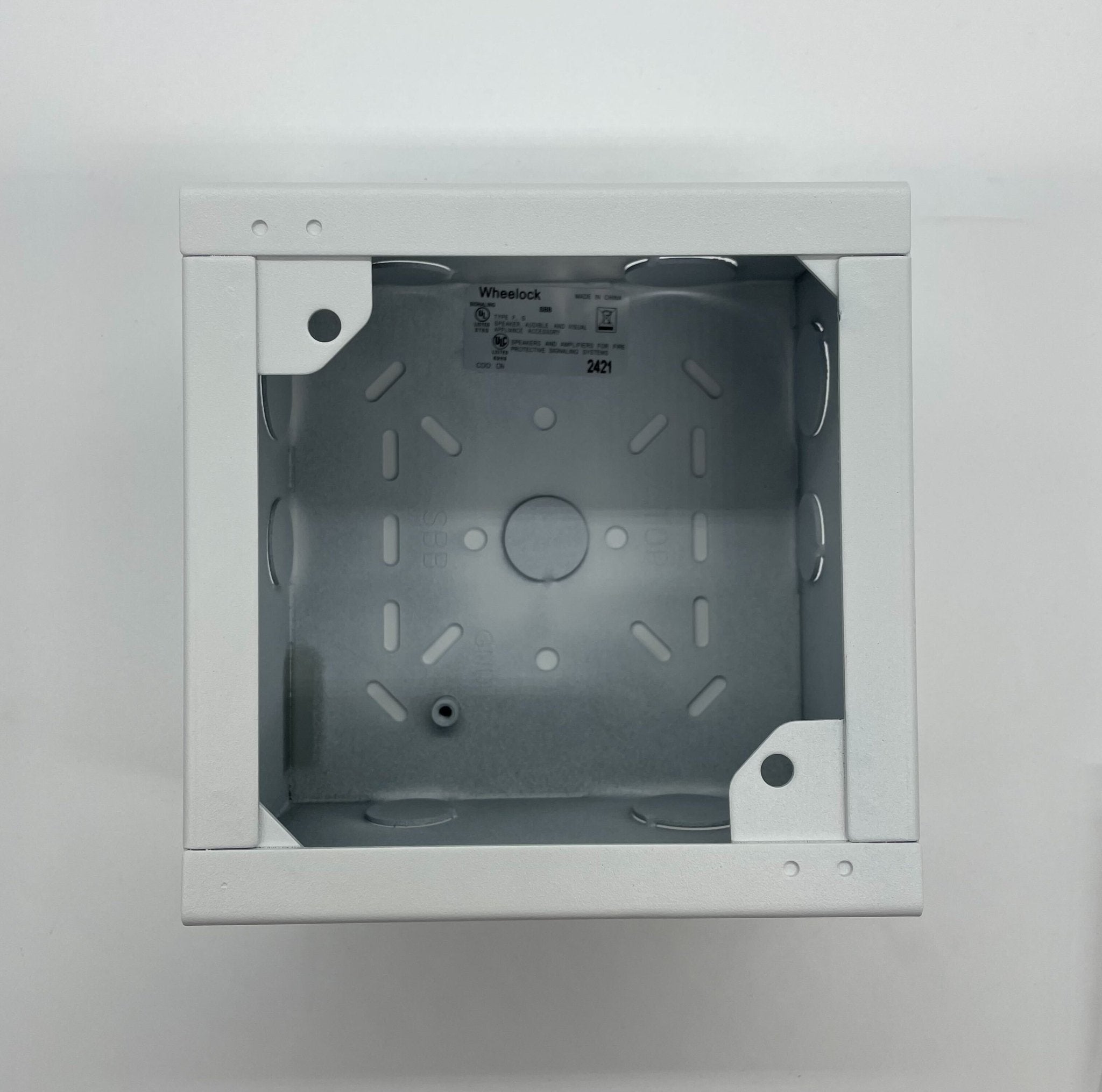 Eaton Wheelock SBB-W backbox for electrical installations, shown in a clean installation setting.