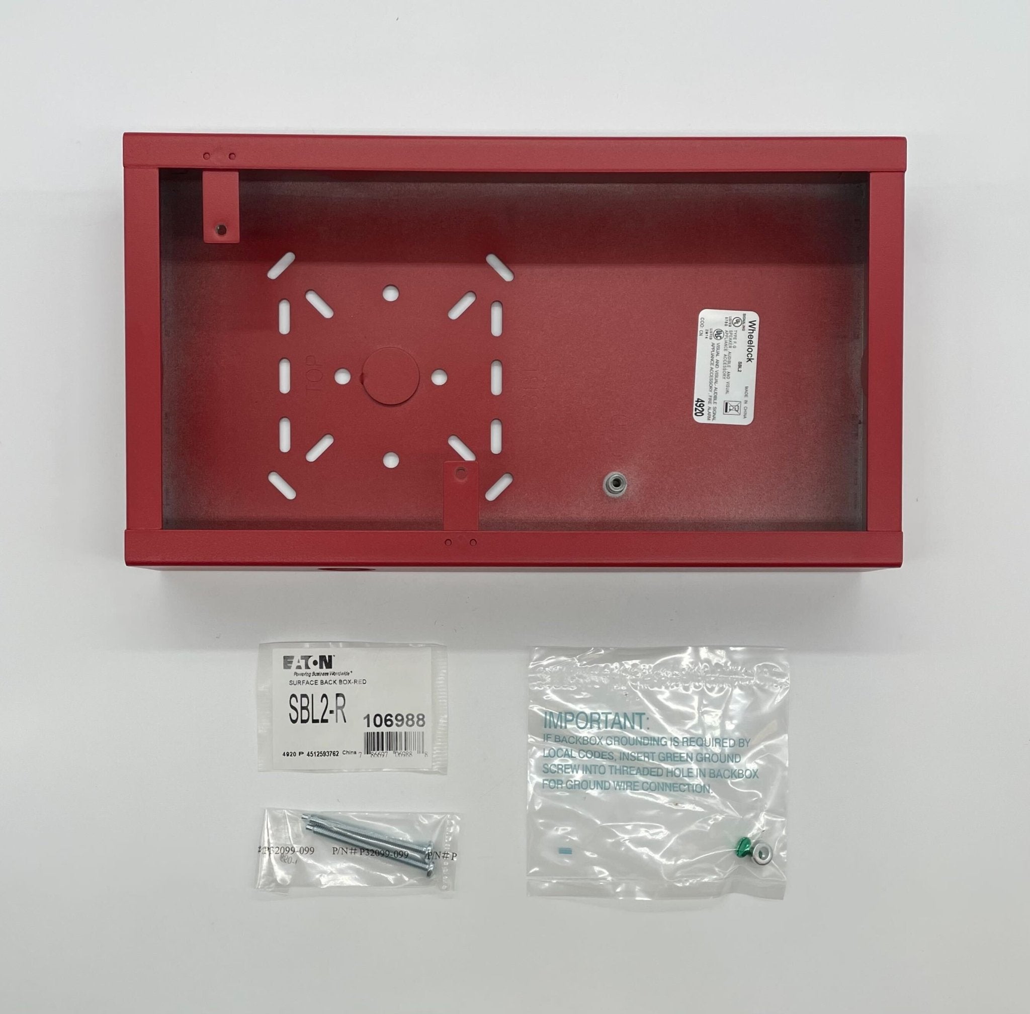Eaton Wheelock SBL2-R backbox shown, durable metal electrical enclosure for secure wiring connections.
