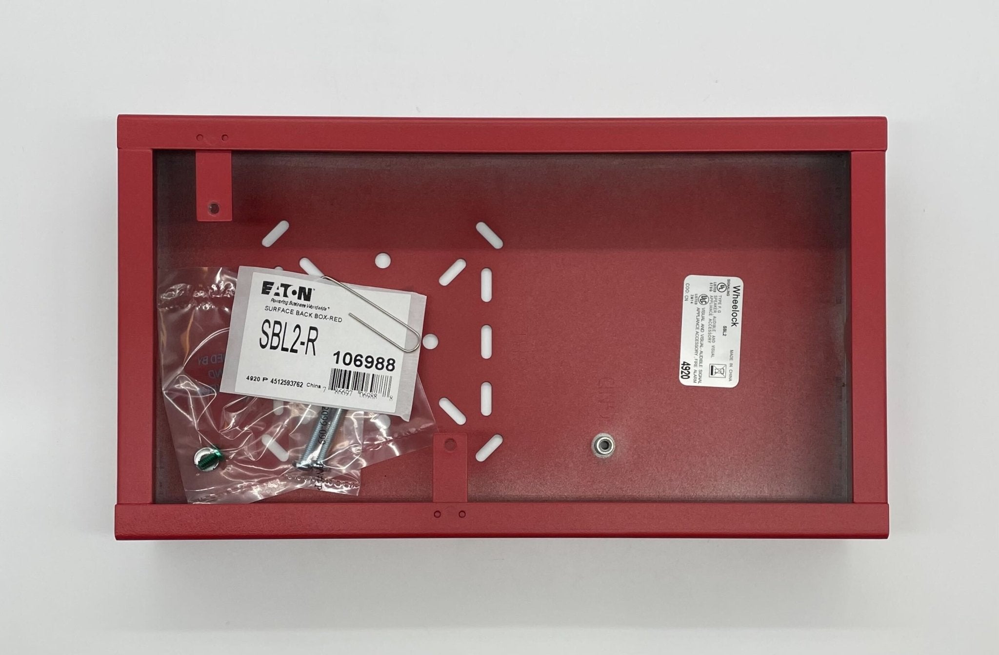 Eaton Wheelock SBL2-R backbox, metal electrical enclosure with knockouts and mounting flanges for building wiring installation
