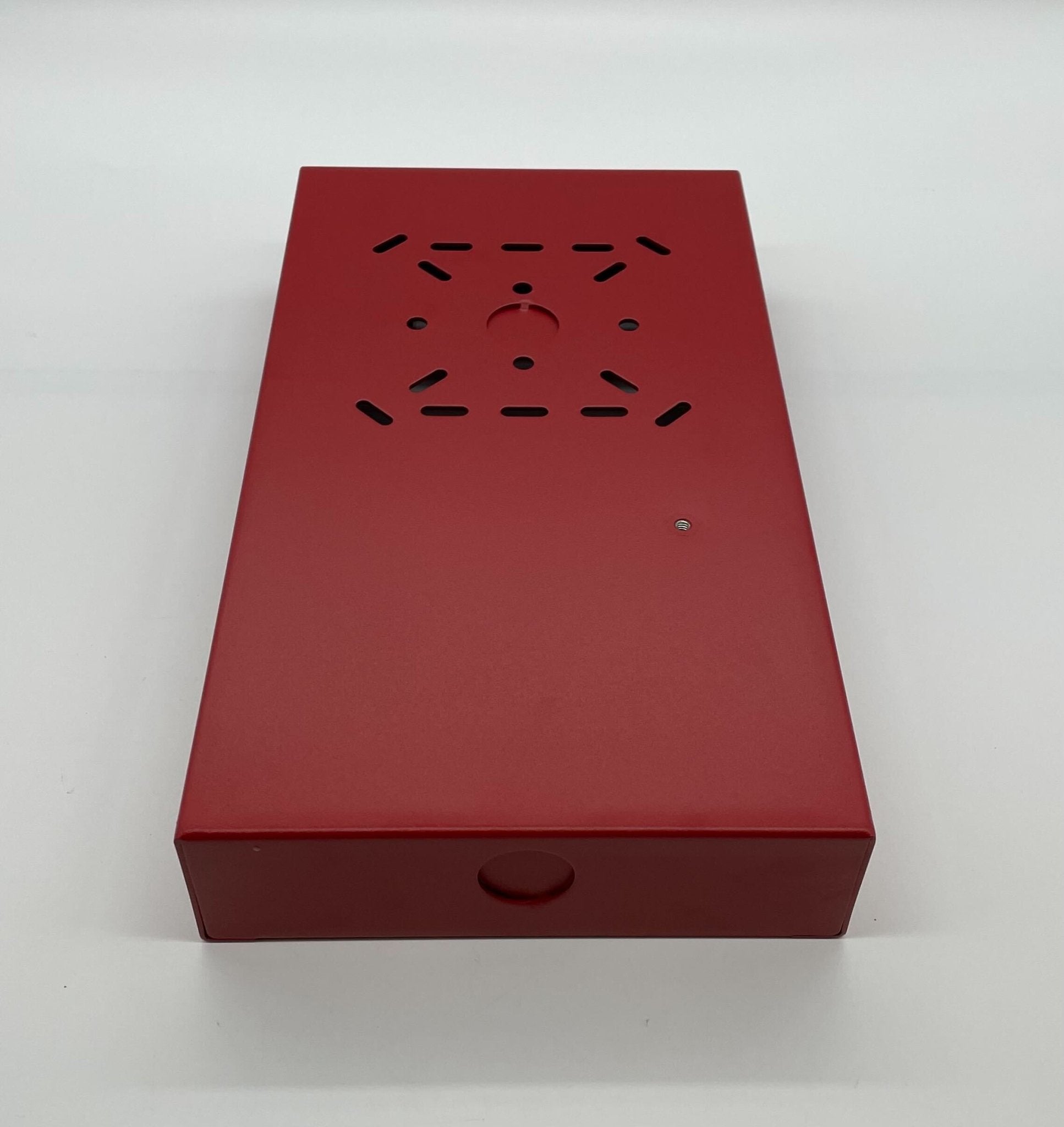 Eaton Wheelock SBL2-R backbox for fire alarm systems, shown in a close-up view with mounting features.