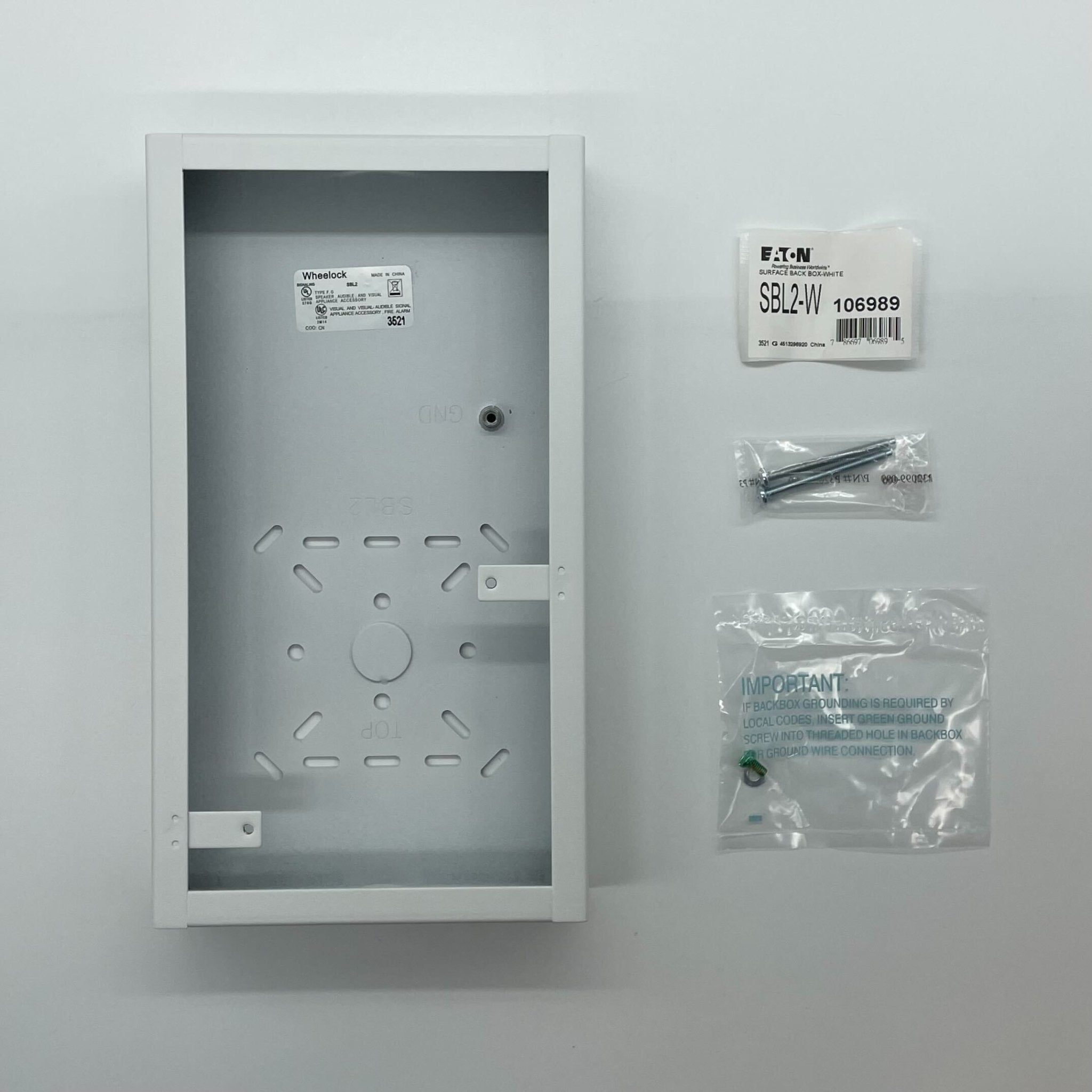 Eaton Wheelock SBL2-W backbox, metal electrical enclosure with mounting holes, for building wiring installations.