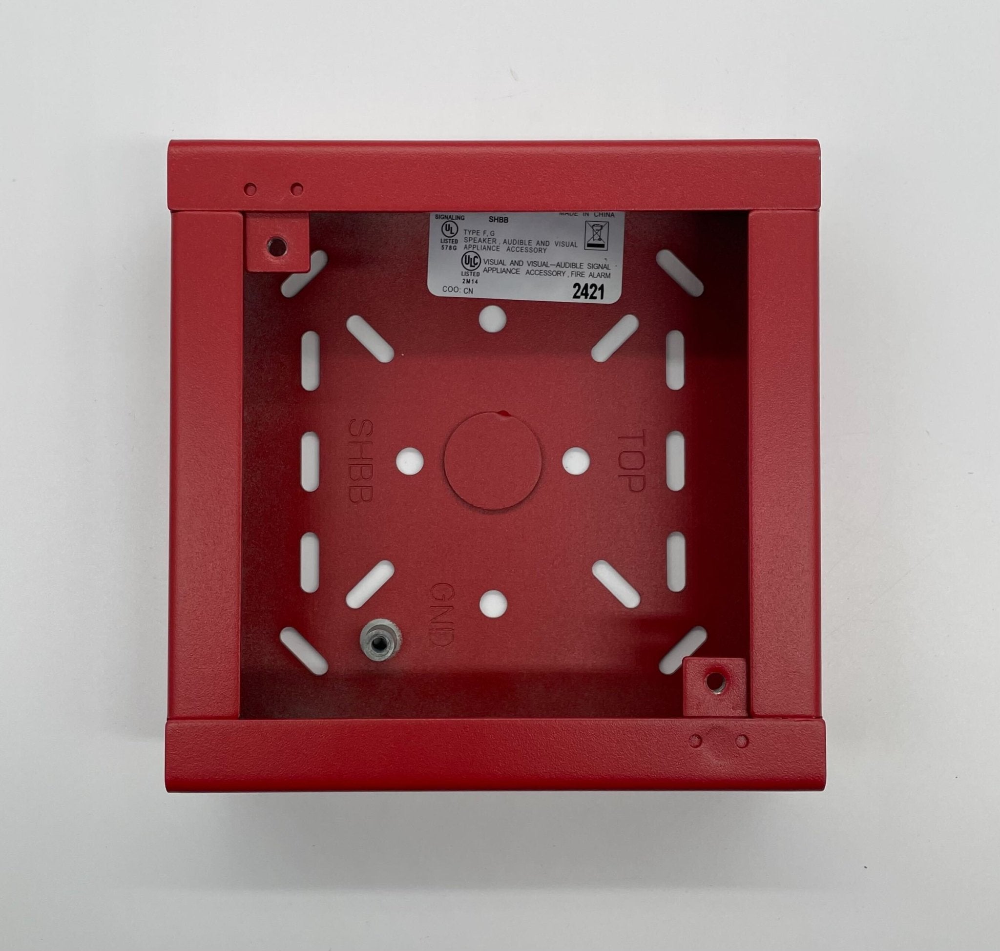 Eaton Wheelock SHBB-R backbox for electrical systems, shown in a clean, white metal enclosure with mounting features.