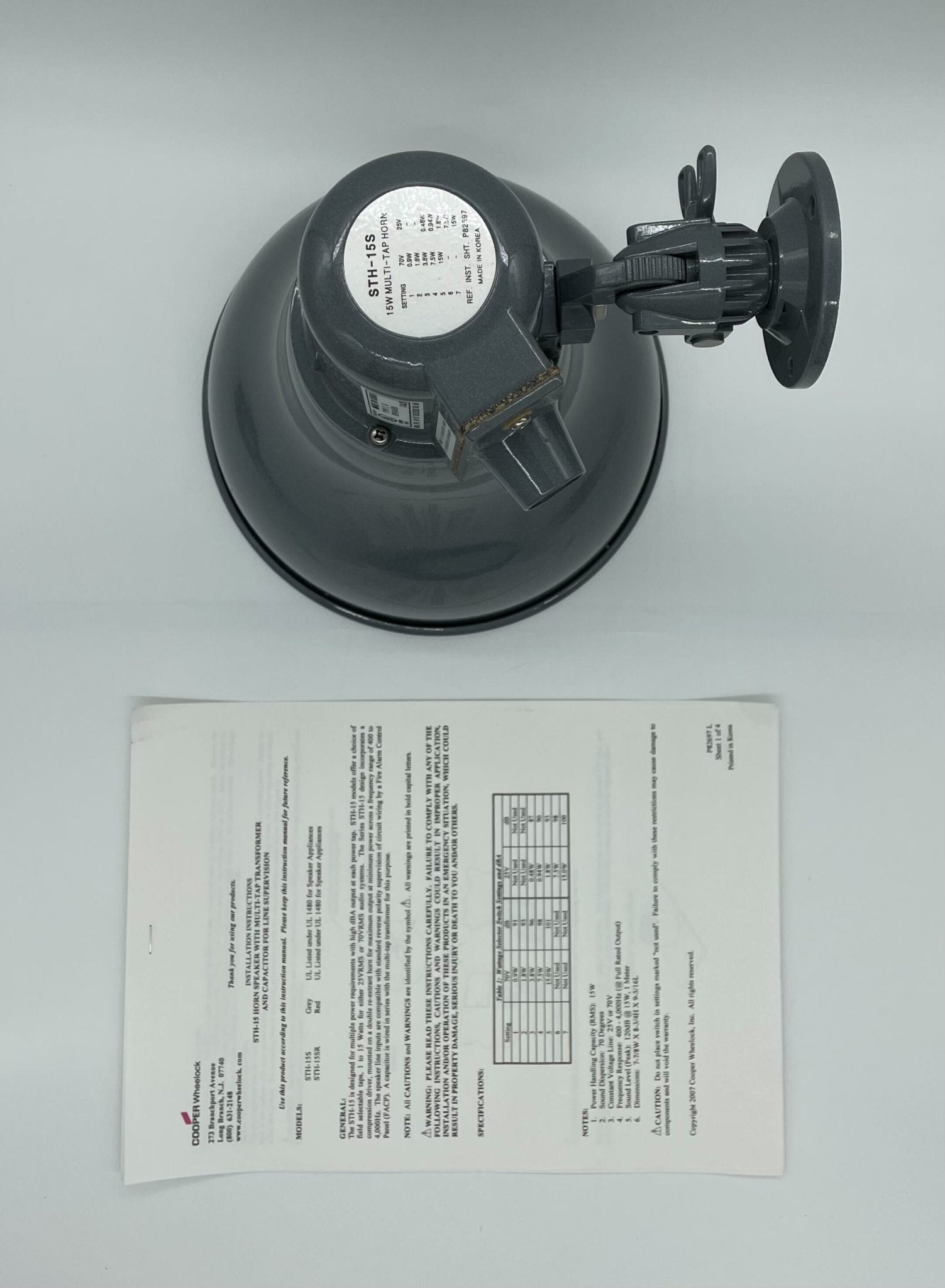 Eaton Wheelock STH-15S horns with black mounting bracket and metal housing, designed for loud warning sound.