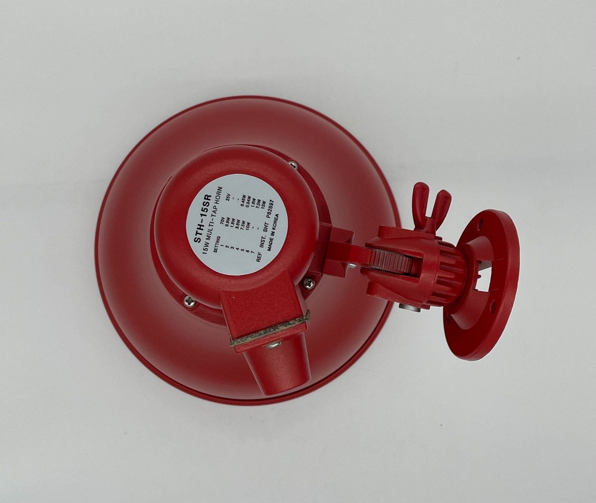 Eaton Wheelock STH-15SR horn, visible in a close-up image, showcasing its sturdy metal construction and mounting details.