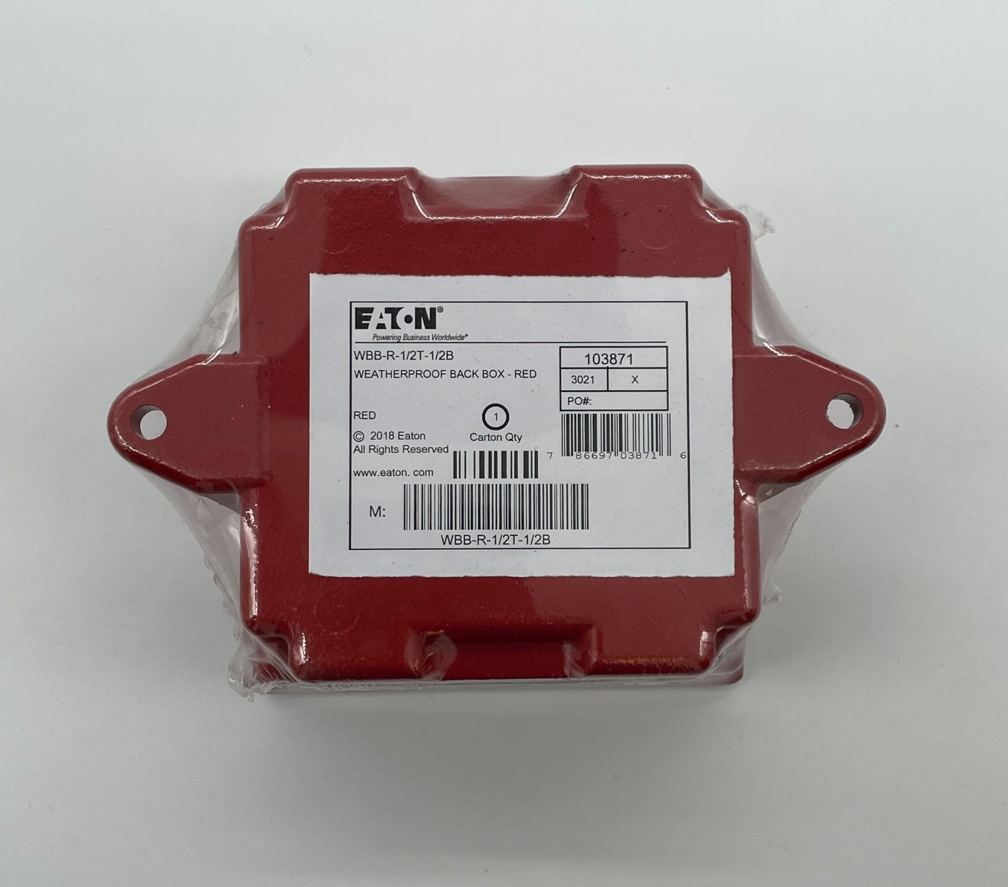 Eaton Wheelock WBB-R-1/2T-1/2B backbox, metal electrical enclosure with knockouts, installed in a wall for wiring connections