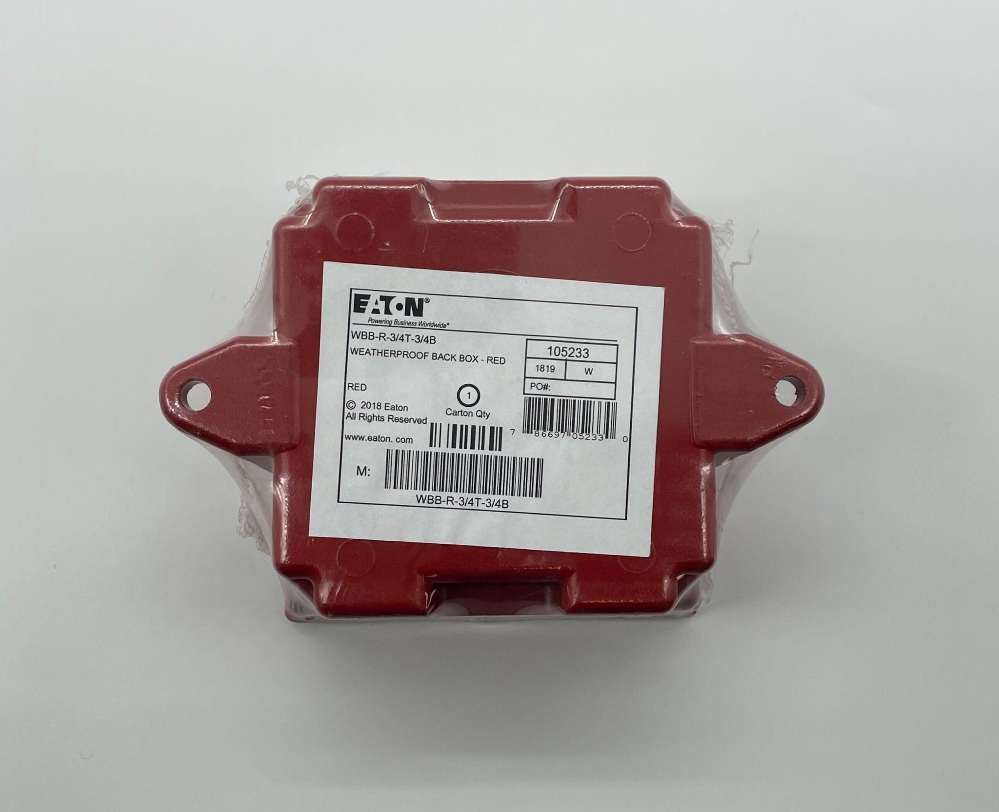 Eaton Wheelock WBB-R-3/4T-3/4B backbox for electrical installations, shown in a standard metal enclosure.