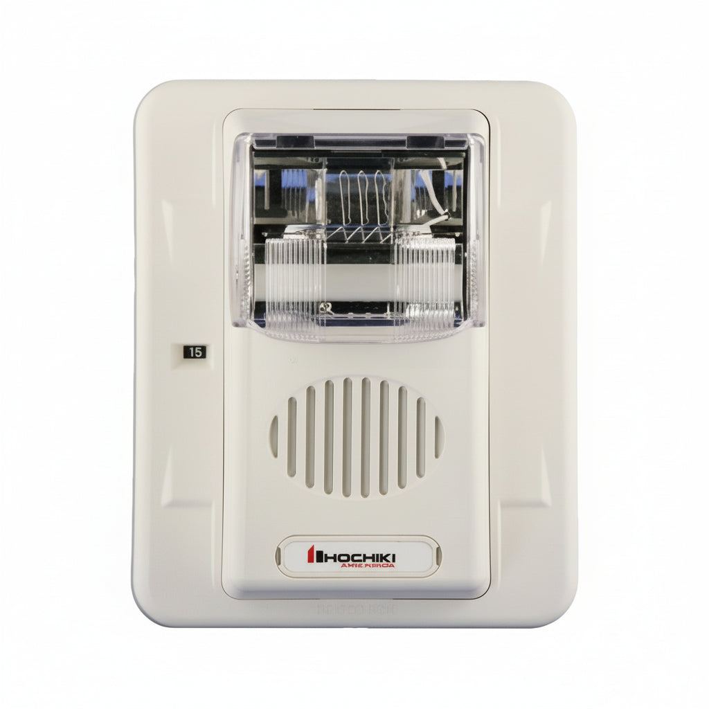 Hochiki HEC3-24PWW fire alarm system sensor, white plastic detector with mounting bracket for safety and fire detection.