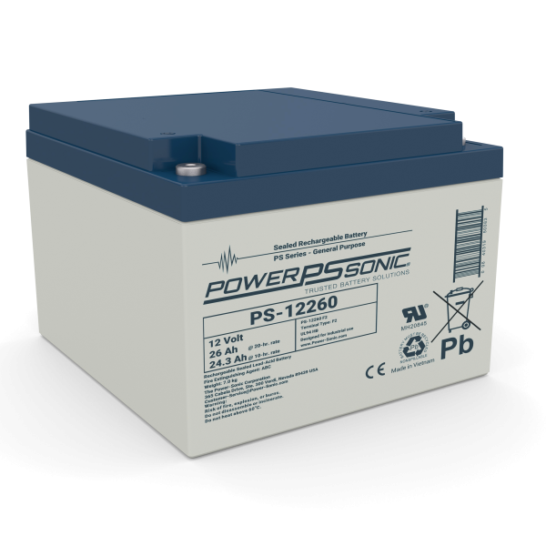 Power Sonic PS-12260 F2 rechargeable battery showing terminals and label, designed for reliable power applications.