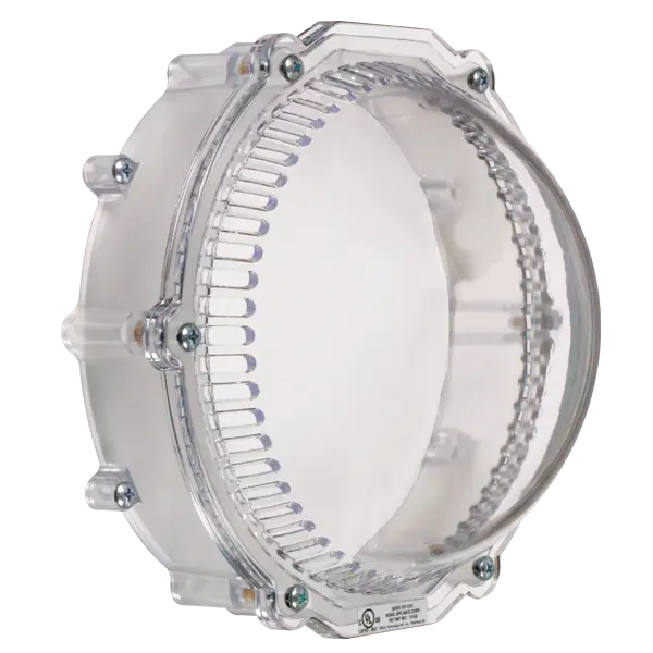 STI-1217 fire alarm system sensor by STI, mounted on a wall, with warning indicator light and wiring visible.