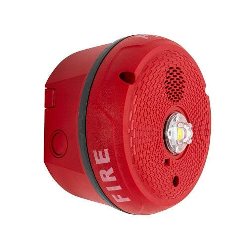 System Sensor PC2RKLED fire alarm strobe light with LED lens, mounted on a ceiling for emergency signaling.