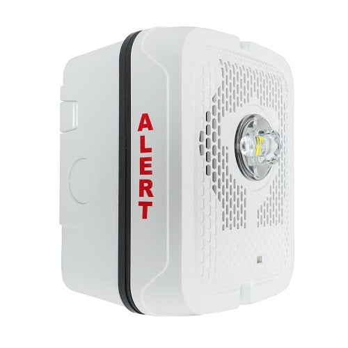 System Sensor SPSWKLED-CLR-ALERT fire alarm with LED indicator, mounted on wall, showing alert status in a commercial setting.