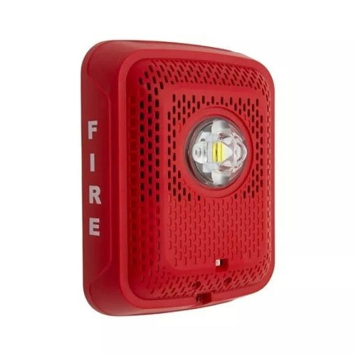 System Sensor SPSRLED emergency LED strobe light with red housing and mounting bracket for fire alarm systems.