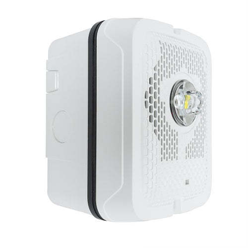 System Sensor SPSWKLED-P fire alarm with LED indicator, mounted on wall, showing its sleek, modern design for fire detection.