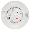 System Sensor B200SR-WH smoke detector mounted on ceiling, white plastic housing, with alarm indicator and testing button visible.