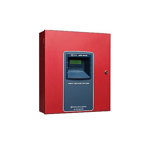 Fire-Lite MRP-2002 fire alarm control panel with digital display and multiple connection ports.