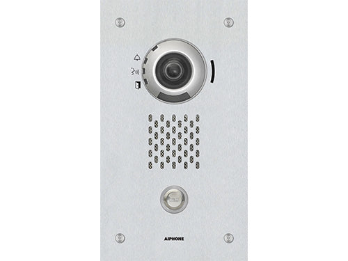 Aiphone IX-DVF video door station with a sleek black finish and a camera lens, mounted on a wall.