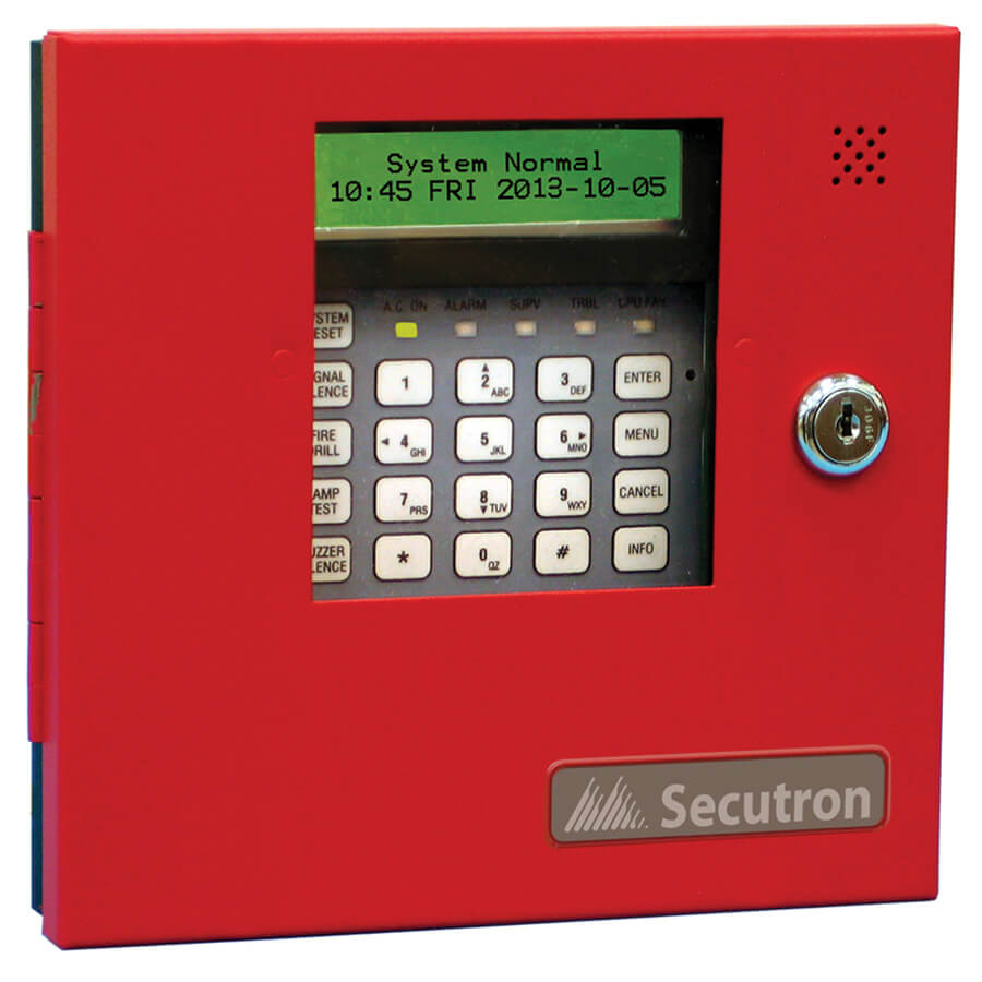 Secutron MR-2300-LCDR fire alarm system with LCD display and sensor, designed for fire safety and alarm monitoring.