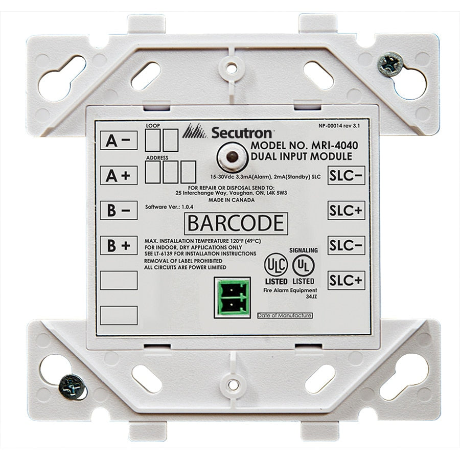 Secutron MRI-4040 fire alarm system sensor with ULC certification for safety and reliable fire detection in commercial buildings.