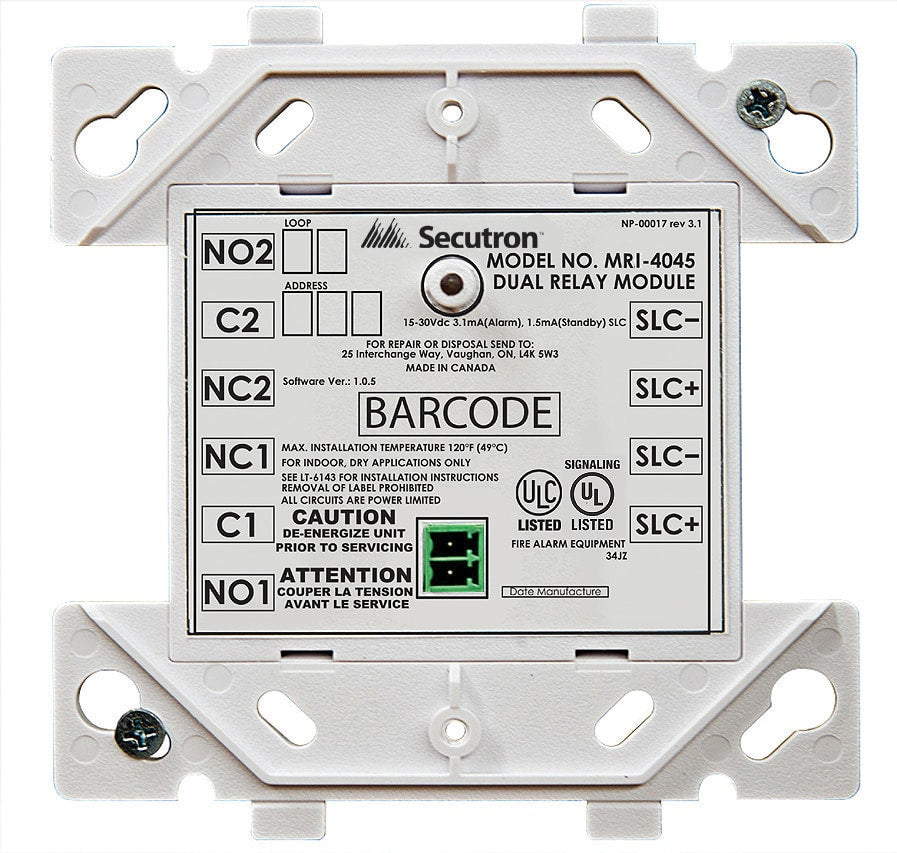 Secutron MRI-4045 fire alarm sensor with ULC certification, mounted on wall in a fire safety system setup.