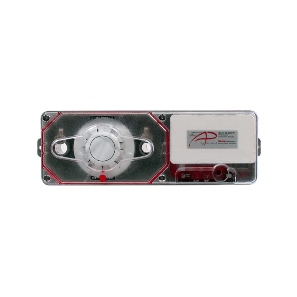 APC SL-2000-P fire alarm by Air Products and Controls, mounted on wall with visible alarm components and wiring.