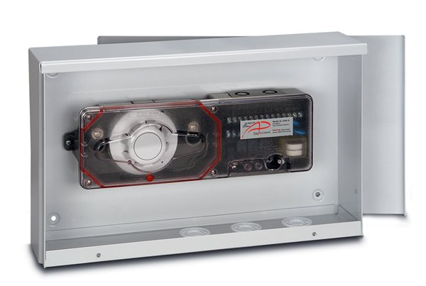 APC WP-2000 fire alarm from Air Products and Controls, showing the alarm device with control panel and wiring.