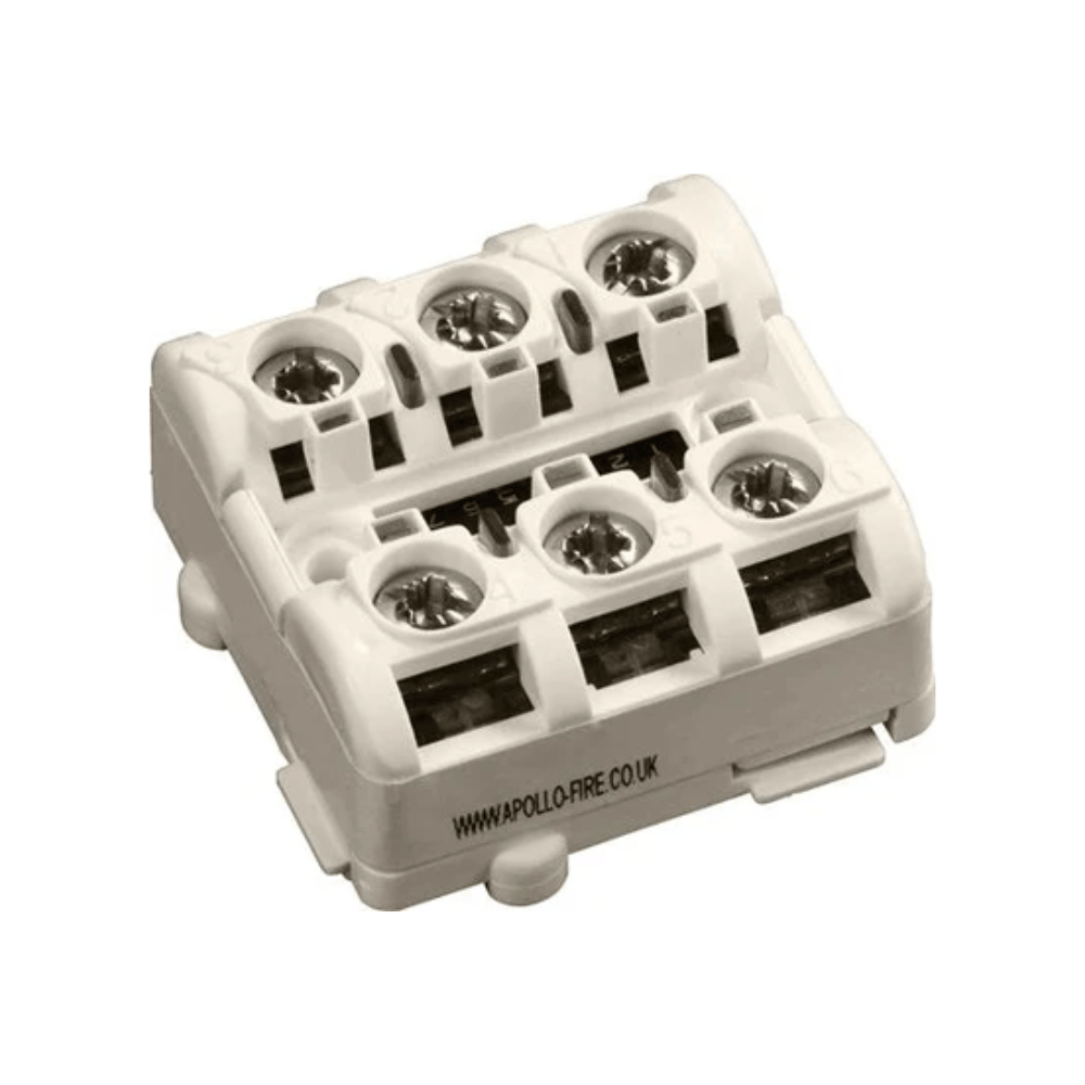 Apollo XP95A DIN-Rail Mini Switch Monitor Module mounted on a panel, showcasing its compact design and connection ports.