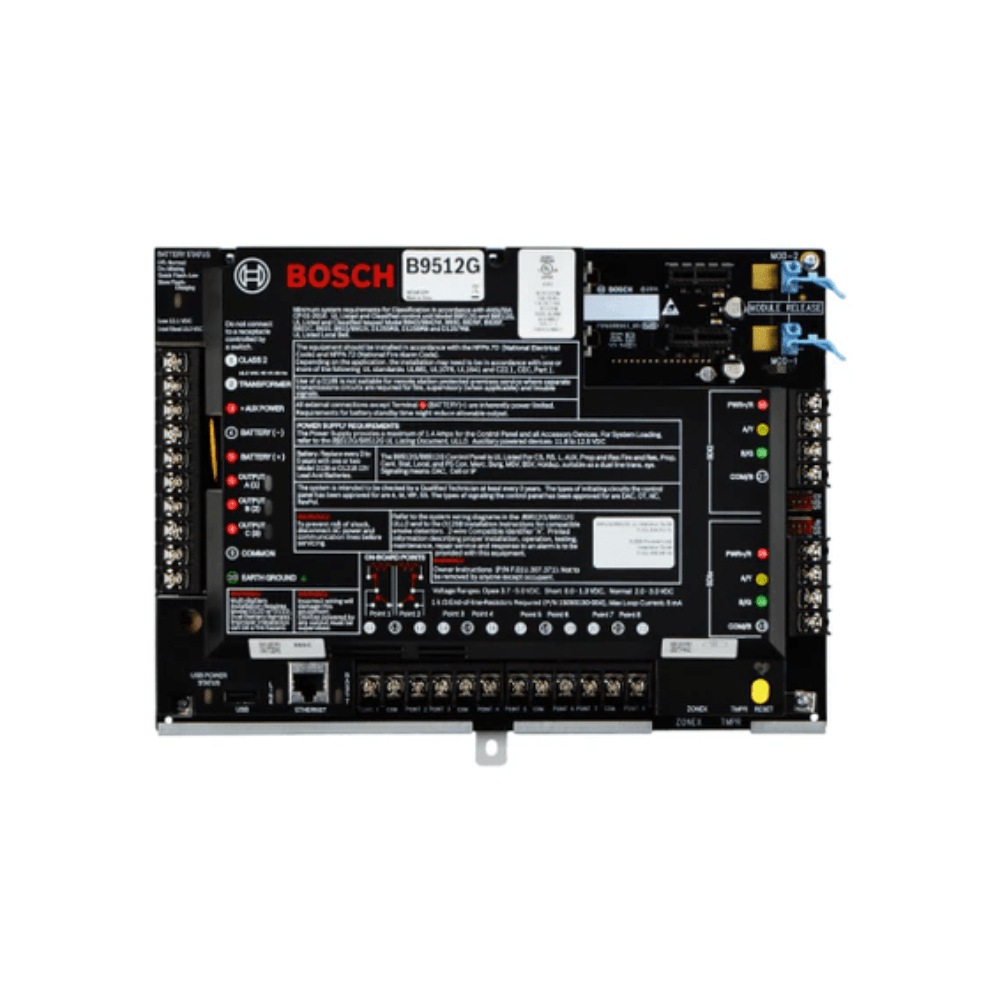 Bosch B9512G JEM Systems Canada alarm panel with display and control buttons, black rectangular device for security systems