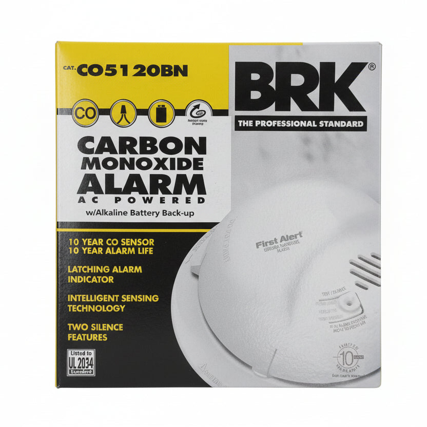 BRK CO5120BN hardwired carbon monoxide alarm with digital display and test/reset buttons, mounted on a ceiling.
