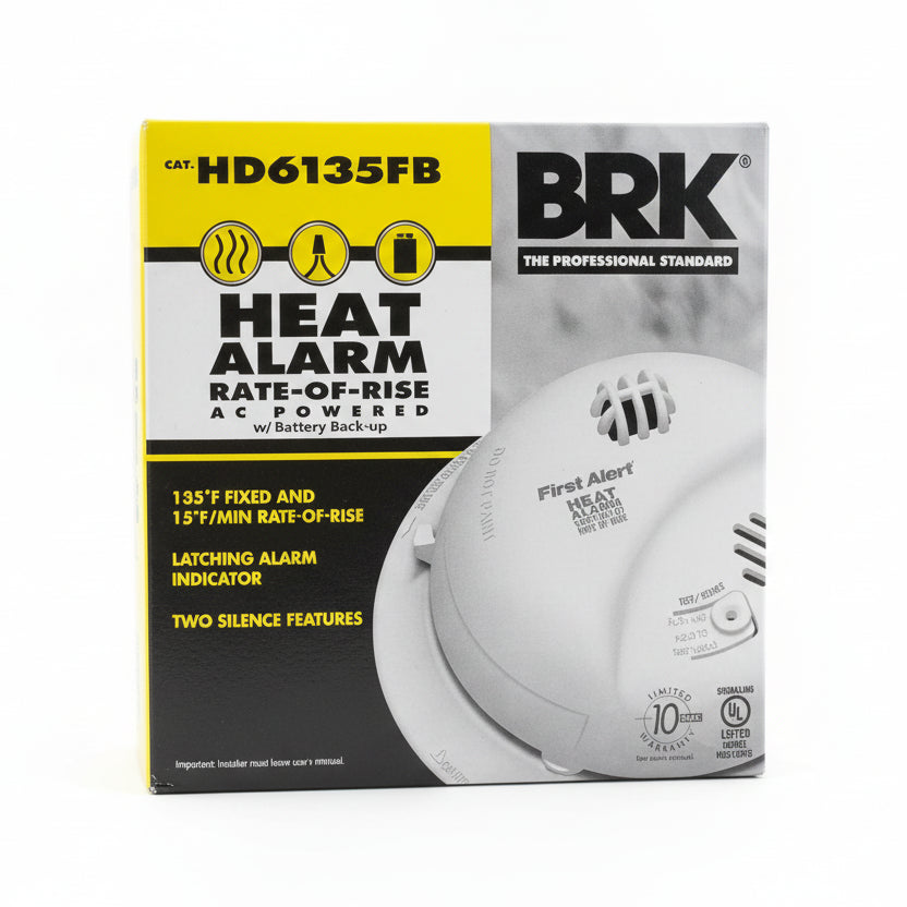 BRK HD6135FB heat detector with rate-of-rise heat alarm, 120V AC/DC, 135°F temperature warning, mounted for fire safety.