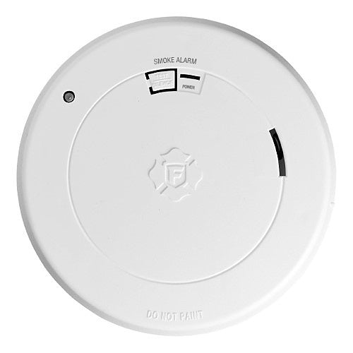 BRK SM210L photoelectric smoke alarm with lithium battery, mounted on ceiling, for home safety detection.