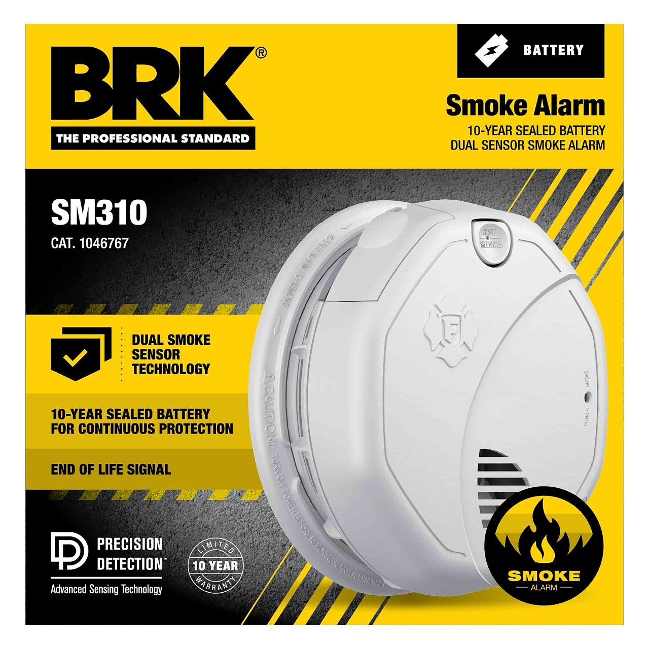 BRK SM310 battery-operated smoke alarm mounted on ceiling, with test button and sensor area visible.