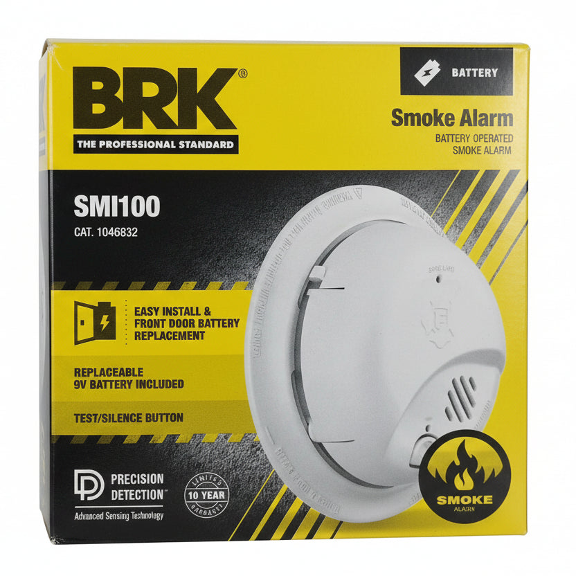 BRK SMI100 smoke alarm with battery operation, mounted on ceiling, featuring a round white detector with a test button.
